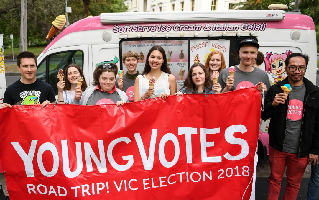 Seize the day: Members of the Young Votes group pictured in Melbourne last weekend, ahead of the Victorian state election. The group is encouraging young people to vote and reminding them of the power of the youth vote. Picture: Penny Stephens