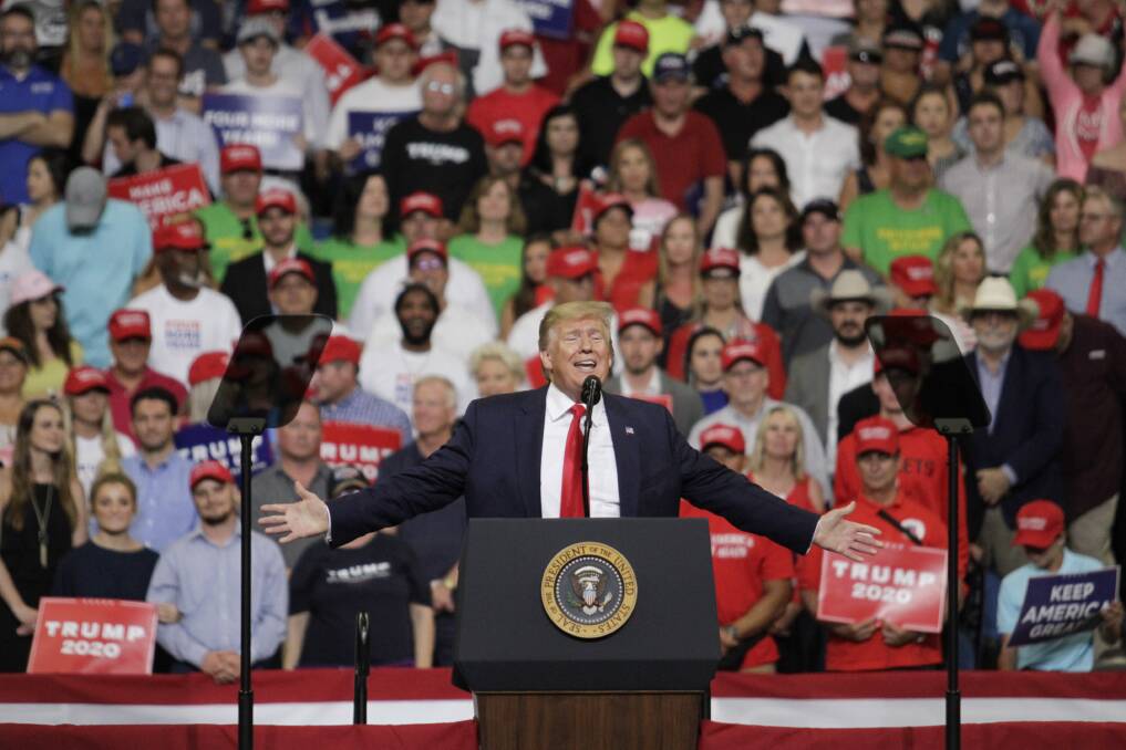Trump juggernaut: President Donald Trump announces his second term presidential run during a rally in Orlando, Florida, on Tuesday, June 18. A divided Democratic Party may have trouble stopping him. Photo: Marco Bello/Bloomberg