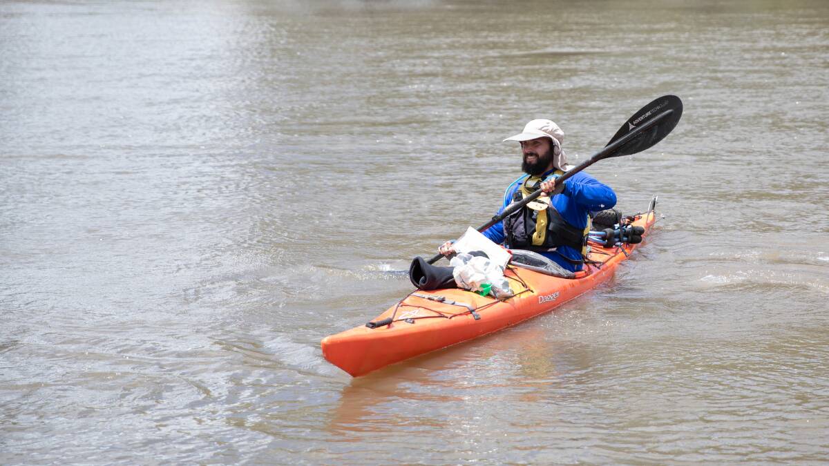 Mr Eldred expects it to take him another 20 days to paddle to the Victorian town of Robinvale, about 1000 kilometres downstream from Wagga. Picture by Madeline Begley