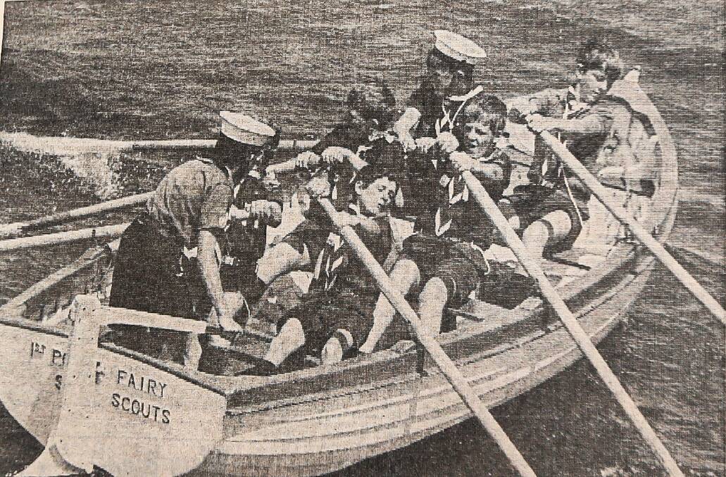 ROW, ROW: Port Fairy Sea Scouts in a rowing race on the Moyne River in January 1970.