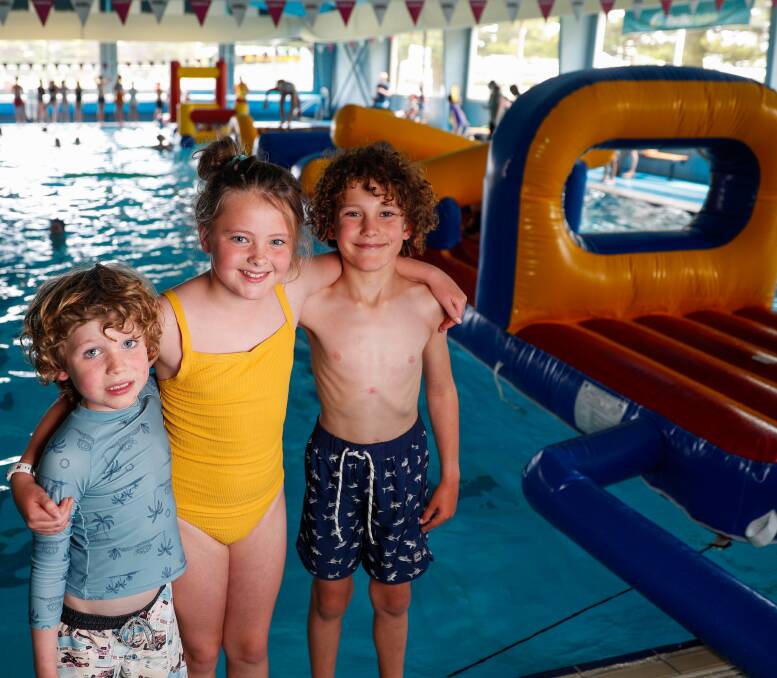 FUN: The Belfast Aquatic Centre has brought in a new water playground, which Angus Mackenzie, 5, Piper Lawrance, 9, and Lewis Mackenzie, 8 enjoyed. Picture: Morgan Hancock