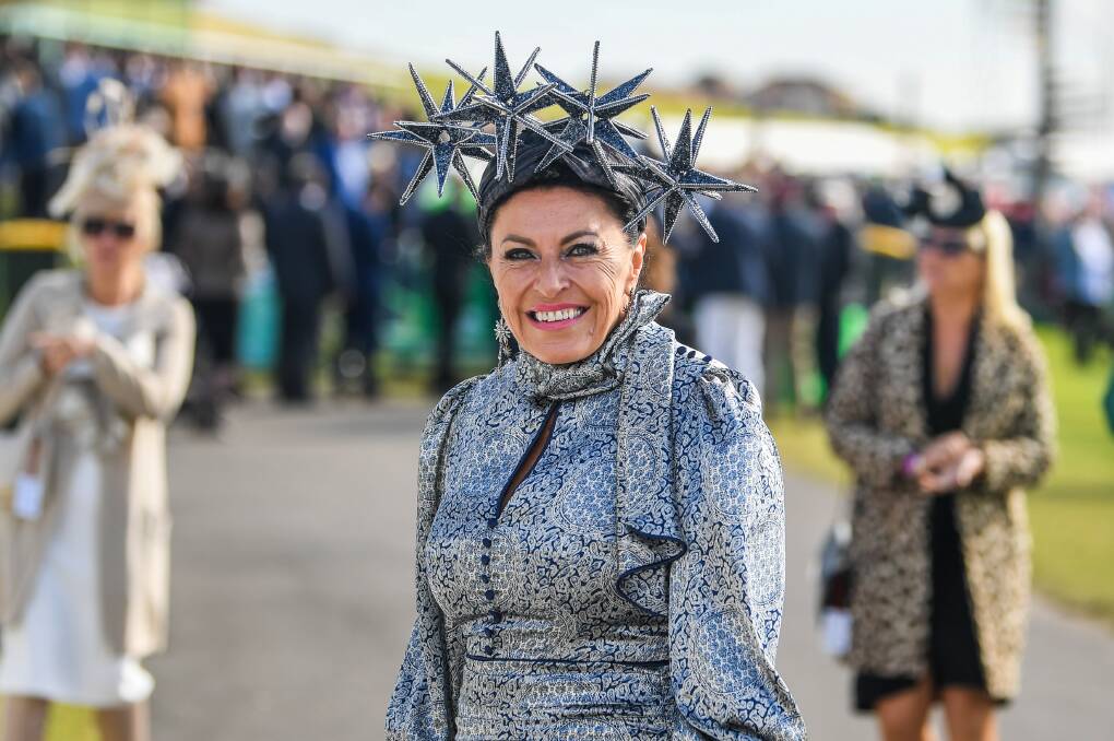 Geelong's Sharon Smith wearing a stunning silver ensemble on the third day of the May Racing Carnival. Picture: Morgan Hancock. 