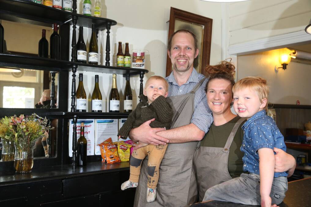 NOW OPEN: Hawkesdale Hotel's Pete Munster and Rebecca Miller with children Oscar, 5, and Henry, 10 months, are delighted to have the venue renovated and open. Picture: Mark Witte
