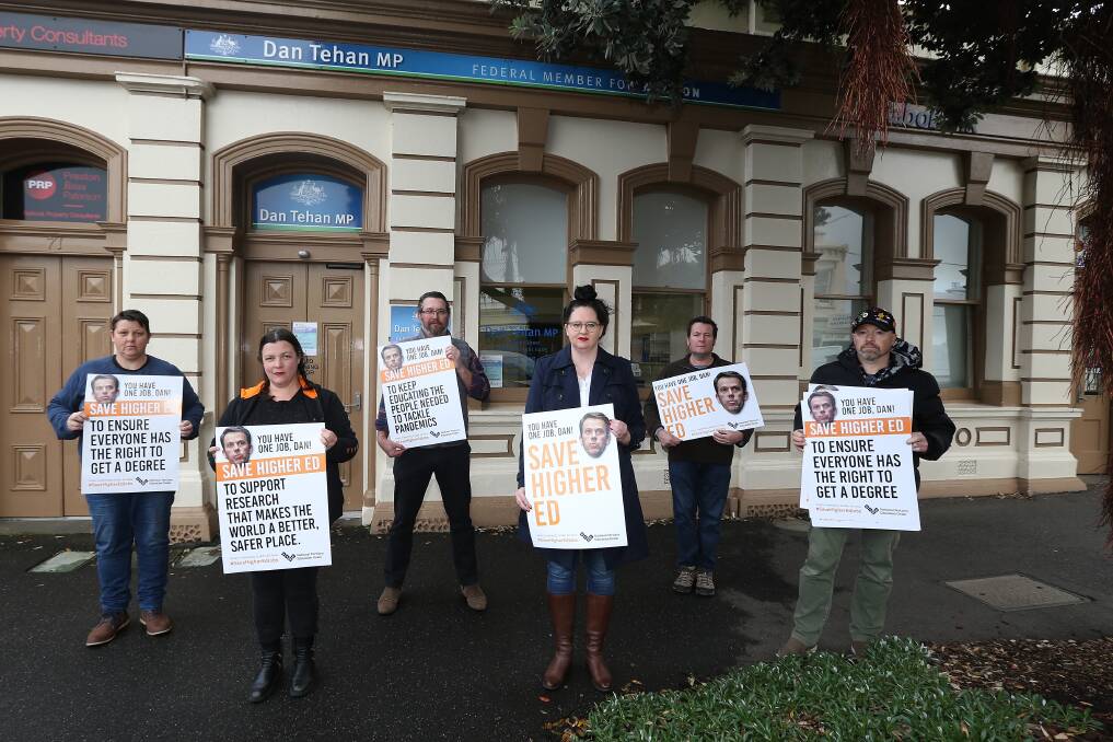 ENOUGH: Nicole Downes, Chloe Gaul, Trevor Miller, Cassandra Prigg, Paul Drew and Carl Millard protesting outside Dan Tehan's office for the National Tertiary Education Union. Picture: Mark Witte