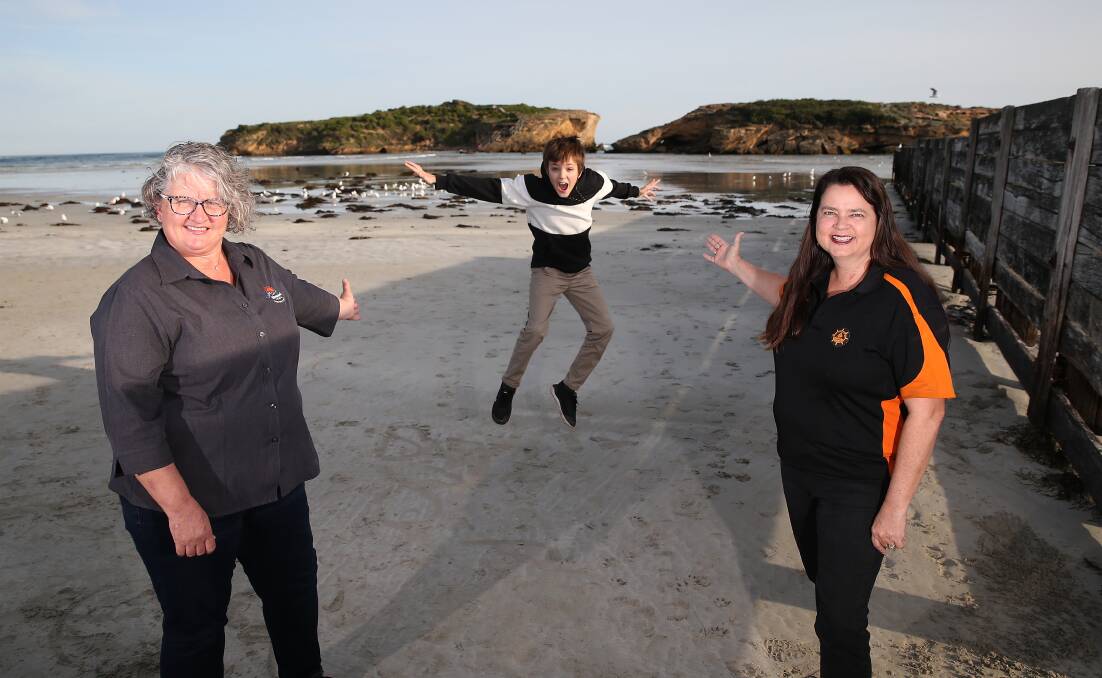 JUMPING FOR JOY: Warrnambool Tours Fiona van Kempen and Lake Pertobe Motor Boats Jill Stephens and son Ronan, 11, want to show off Warrnambool to the nation through breakfast program Sunrise's promotion. Picture: Mark Witte 
