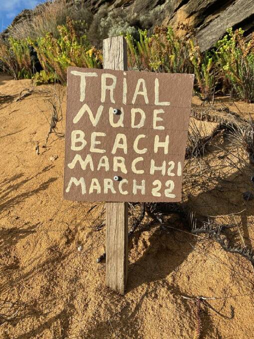 The trial nude beach sign at Levy's Beach. 