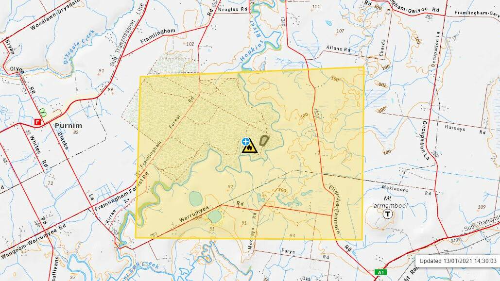 VicEmergency shows the grassfire burning out-of-control near Framlingham at 2.30PM on Wednesday.