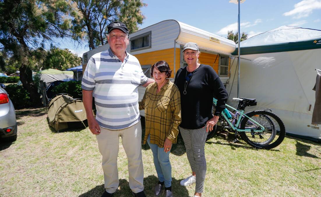 HOME AWAY FROM HOME: Ballarat's Kylie Ellerton with her parents Graeme and Wanda Mann have a three-generation-long tradition at Surfside Holiday Park. Picture: Anthony Brady