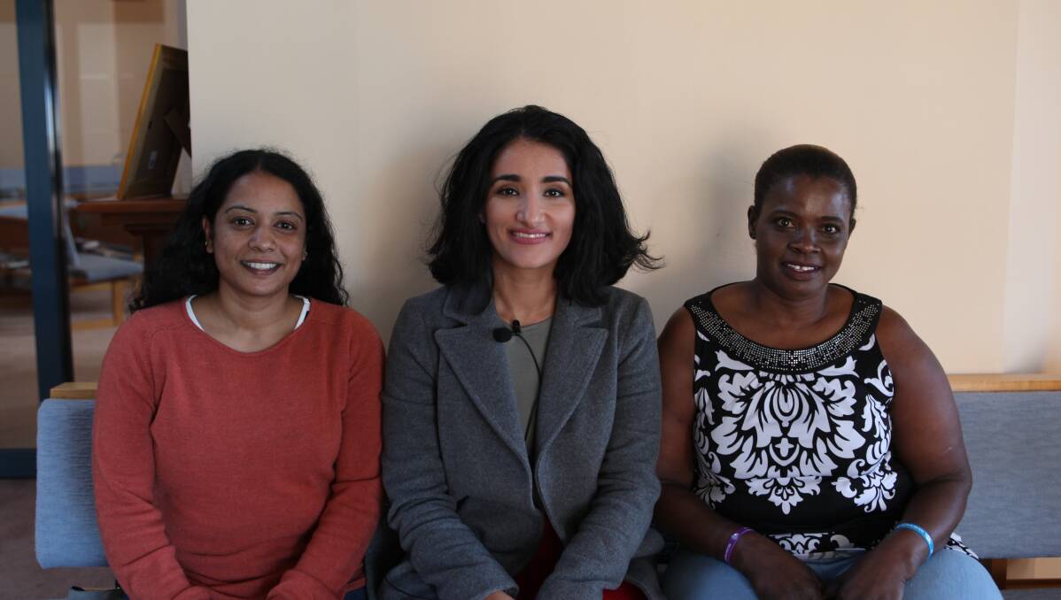 ADVOCATING: Dharshini Sundharam, community lawyer Fadak Alfayadh and Port Fairy's Lydia Quinlivian Dharshini Sundharam spoke to raise awareness of refugees and the importance of community support. Picture: Kimberley Price 