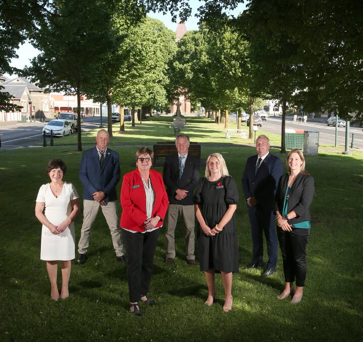 Corangamite Shire Council councillors Geraldine Conheady, Jamie Vogels, Major Ruth Gstrein, Nick Cole, Jo Beard, Laurie Hickey and Kate Makin. Picture: Mark Witte