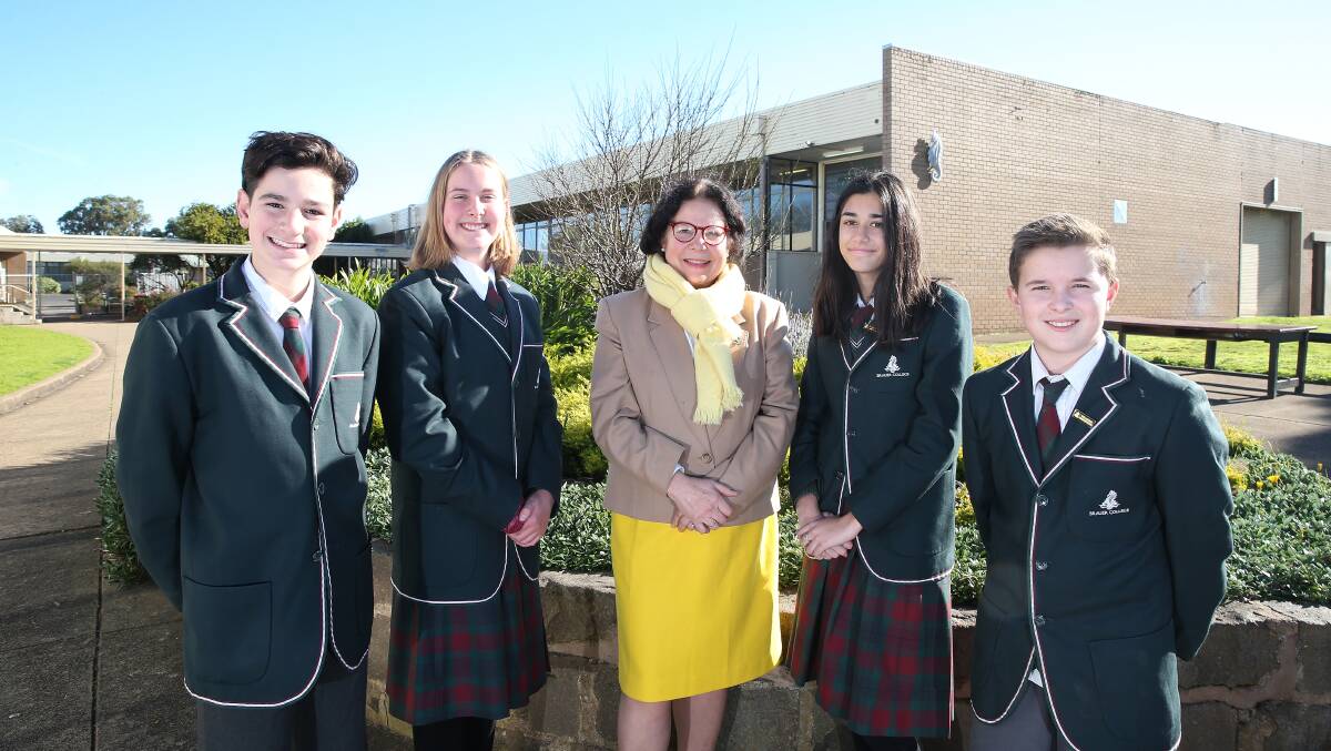 LEARNING: Brauer College principal Jane Boyle with students Zac Everall, 13, Renae Mauriks, 12, Jasmine Paton, 15 and Toby Coutts, 13. Picture: Mark Witte