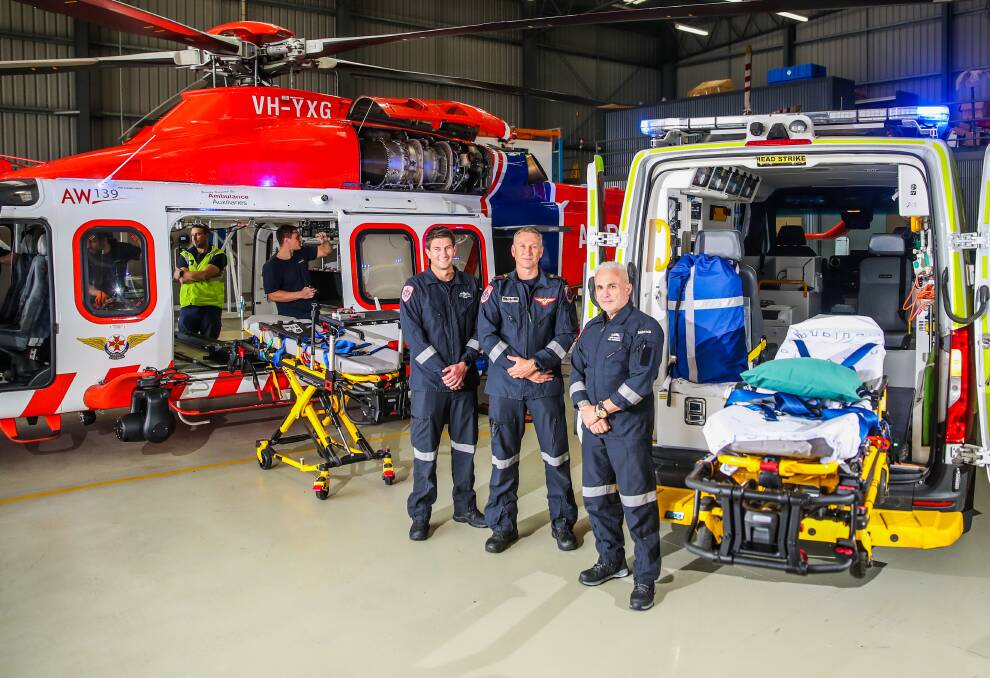 UPDATED: Pilot Anthony Caines, MICA flight paramedic Ben Fisk and Air crewman David Morgan with the new stretcher Picture: Morgan Hancock