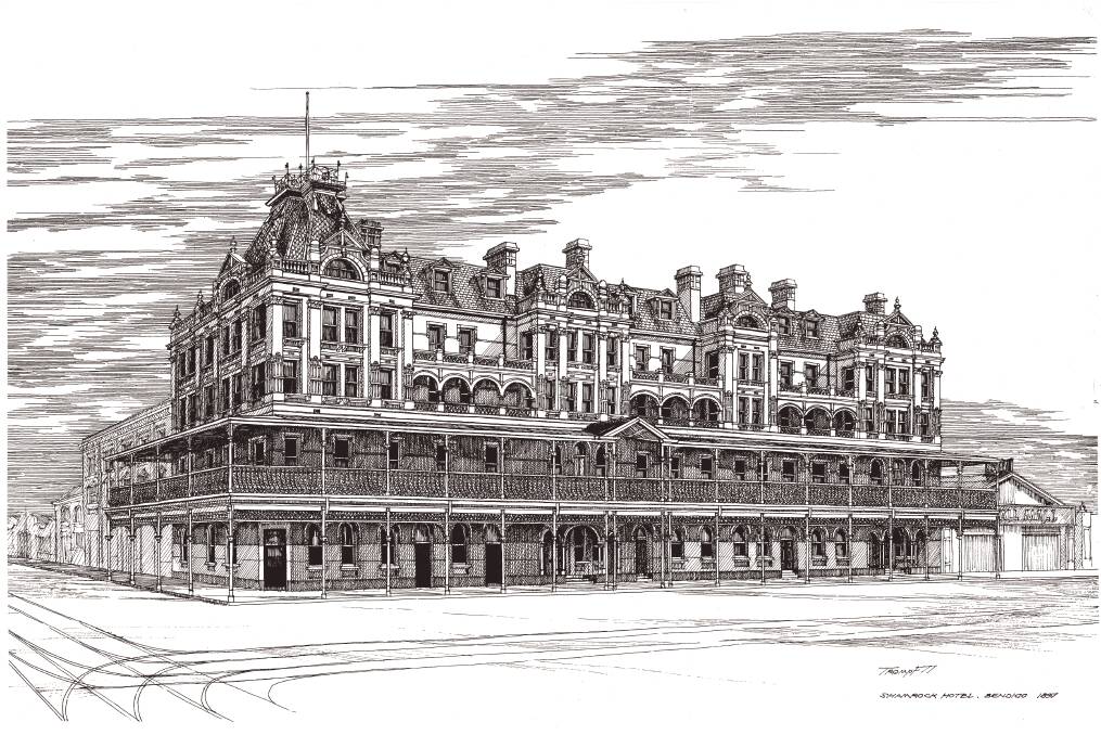The Shamrock Hotel, Bendigo sketched in 1977.