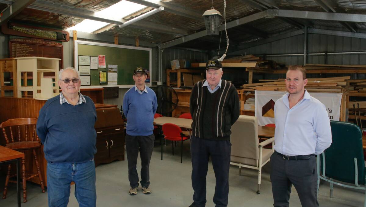 FUNDING: Cobden Men's Shed members Colin Scouller, Murray Ibbs and president Graeme Fagan and Cobdenhealth chief executive Evan Hill have received $6000 from the federal government. Picture: Mark Witte 