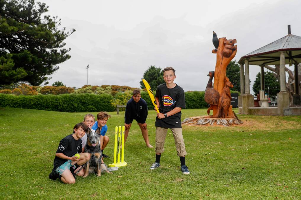TOURISM: Darcy Hamilton, Oliver McCosh, Maggie the dog, Riley Thompson, Max Dance and Casey Turnball play cricket at the Gardens Caravan Park. Picture: Morgan Hancock