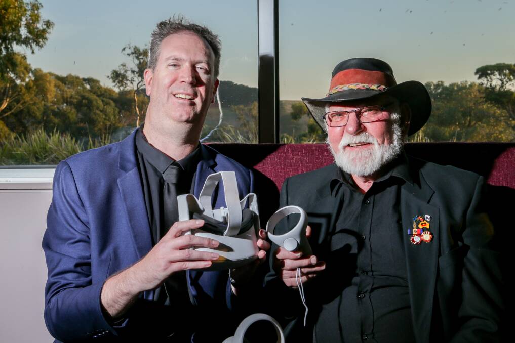 FILM: Will King and Uncle Rob Lowe Senior with the VR headsets to watch The Crossing. Picture: Chris Doheny. 