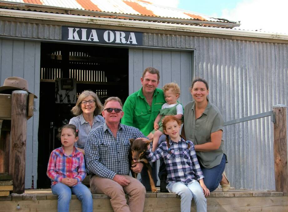 WINNERS: The Finnigan family, Olivia, Susan, Brendan, James holding his son Jim, Madison and Nicole at their wool shed.