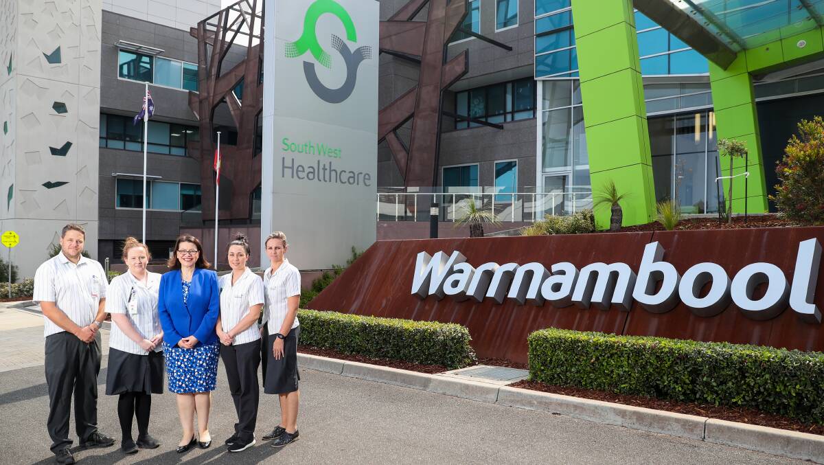 MORE STAFF: Health Minister Jenny Mikakos with South West Healthcare staff Michael Jones, Amanda Brown, Emily Keane and Casey Marris in December 2019. Picture: Morgan Hancock