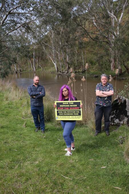 Bo Fowler, Jess Chatfield and Geoff Rollinson are opposed to a plan for a bluestone quarry in Panmure. Picture: Mark Witte