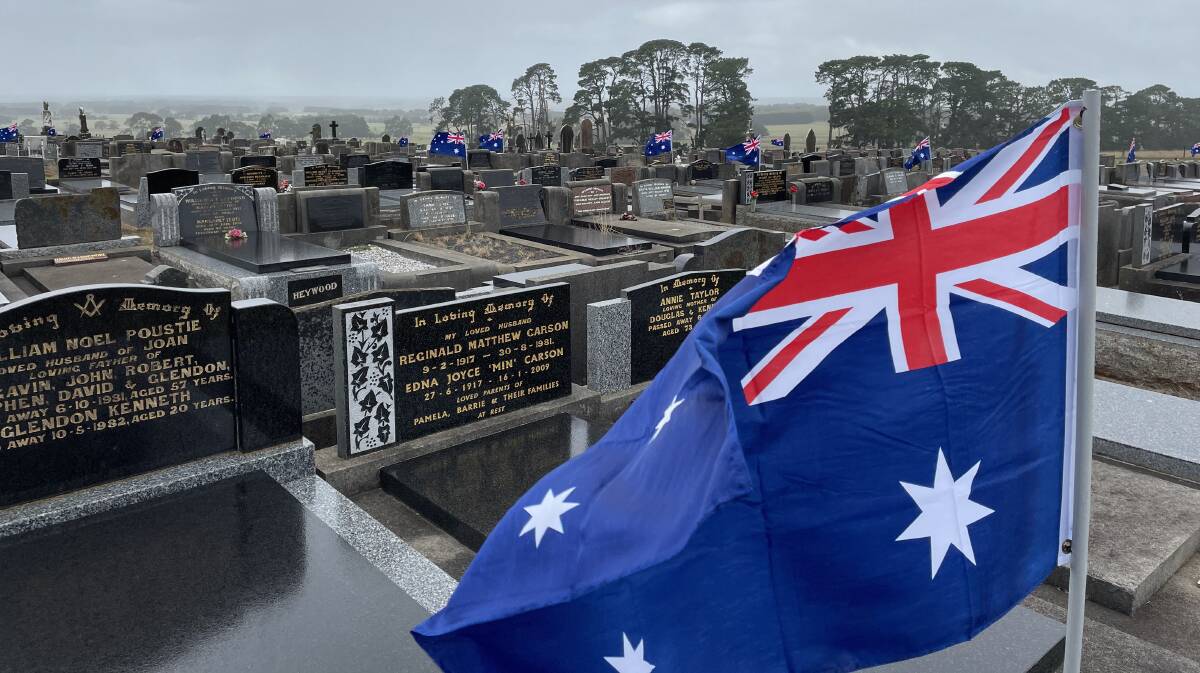 COMMEMORATE: There are now 37 Australian flags flying over veteran's gravesites at the Cobden Cemetery thanks to a collaborative effort between Cobden Technical College and the Cemetery Trust. Picture: Rohan Keert.