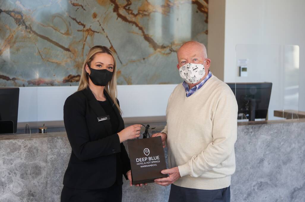 THANK YOU: Warrnambool and District Community Hospice president Brian Dillon and Deep Blue Hotel and Hot Springs' Stephanie Willsher. Picture: Morgan Hancock