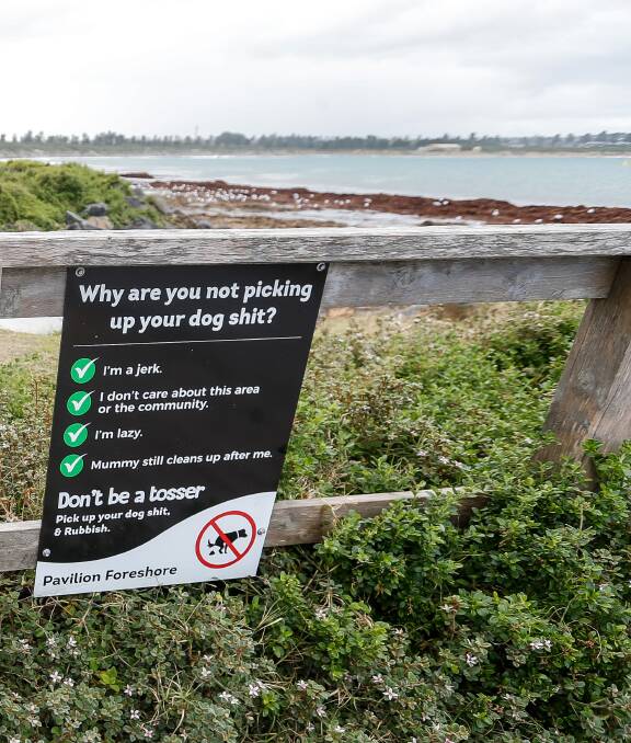 SIGN: The sign that appeared at the Warrnambool foreshore this week encouraging people to pick up their dog droppings. Picture: Anthony Brady.