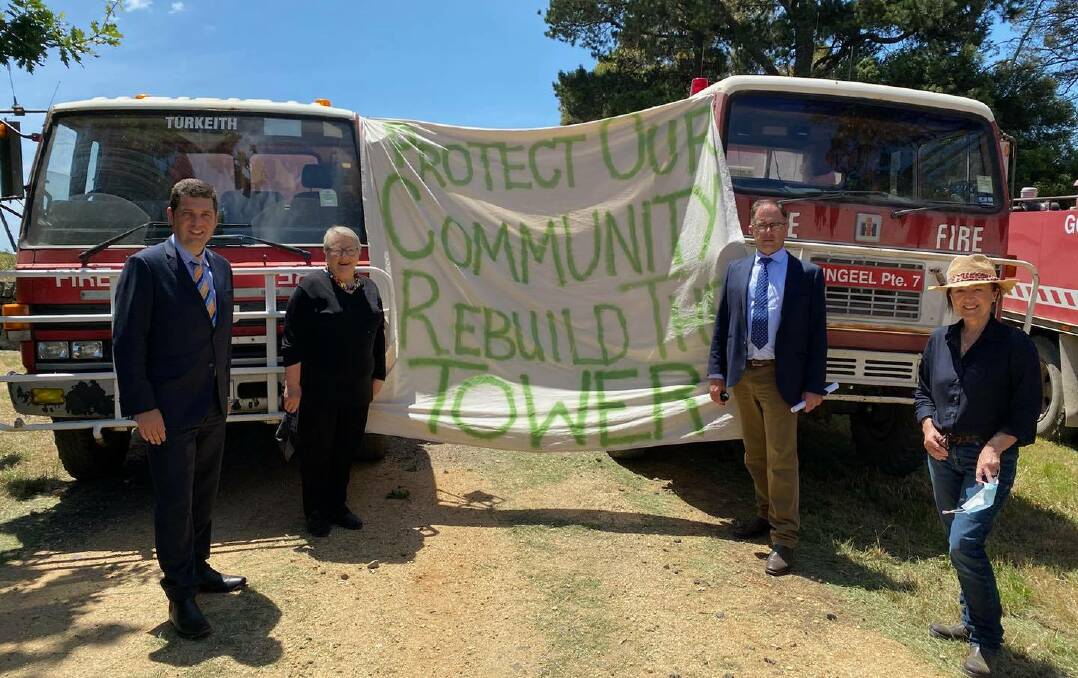 Shadow Minister for Emergency Services Nick Wakeling, Member for Western Victoria Bev Macarthur and Member for Polwarth Richard Riordan at the Mt Gellibrand fire tower rally.