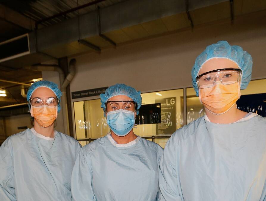 MASKS: SWH Nurses Jess Brereton, Vicky Ezard and Blair Maniapoto wearing PPE. Picture: Anthony Brady