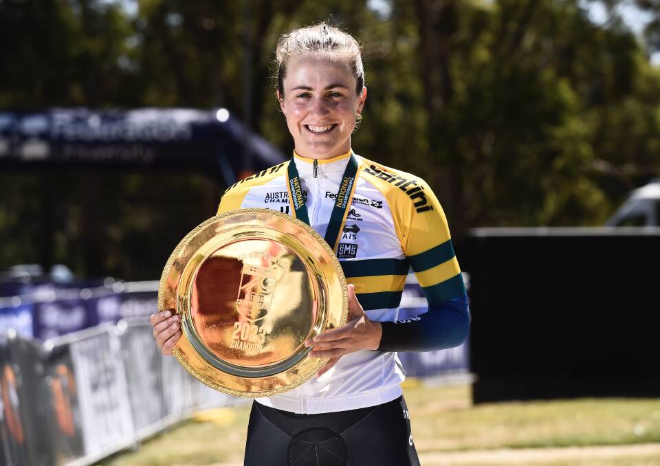 Grace Brown delighted to be in the national elite women's road time trial championship green and gold jersey for a third time. Picture by Adam Trafford.