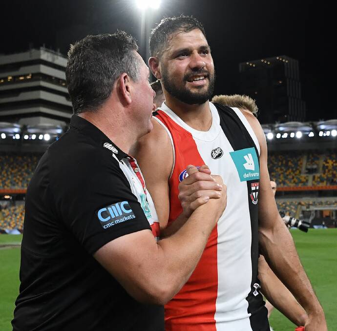 St Kilda coach Brett Ratten and ruckman Paddy Ryder celebrate after the Saints defeated the Bulldogs. Picture: Quinn Rooney/Getty Images