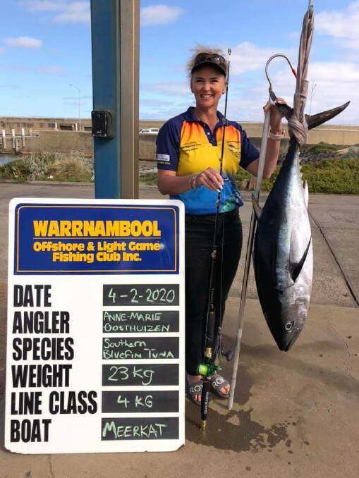 PROUD: Anne-Maree Oosthuizen with her pending world record fish on 4kg line class. Remember to send your pics and a few details to fishing@richardsonmarine.com.au 