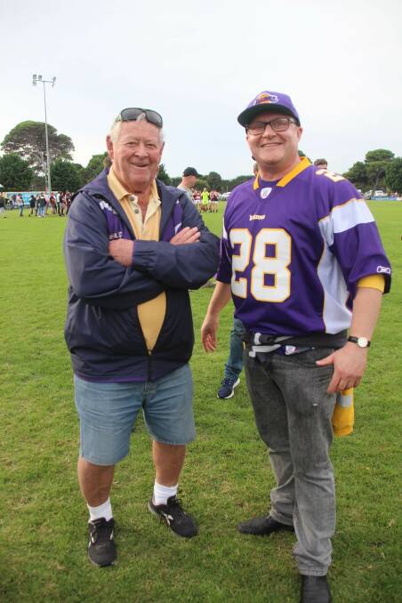 APPRECIATION: Port Fairy 1958 premiership player Jimmy Murray with long-time passionate Seagulls fan John Conlan. Picture: Supplied