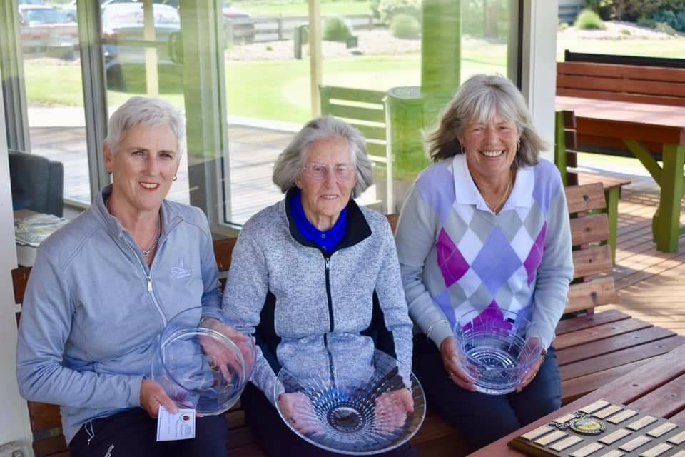 ON SONG: Jenny Kenny (A Grade), Jean Wilson (Shield and C Grade) and Helen Rix (B Grade) show off their trophies from the Rosemary Jewell Shield. Picture: Supplied