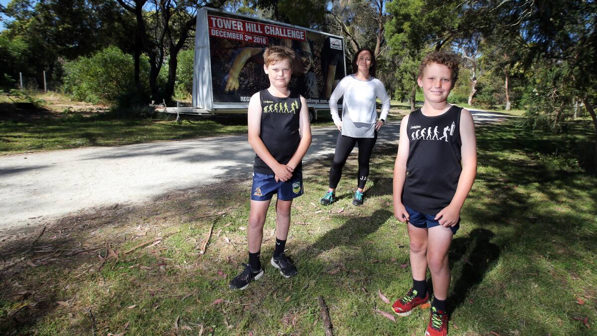 Koroit's Jasper Grayland, 12, Kylie Grayland and Jett Grayland, 9, are participating in the Tower Hill Challenge this weekend. Picture: Rob Gunstone