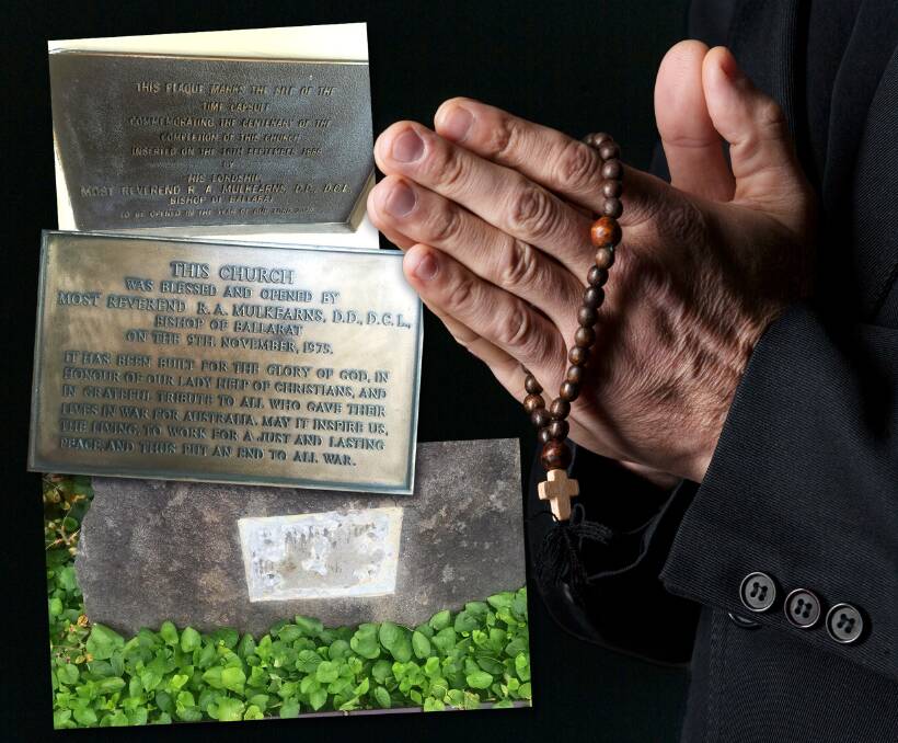 CALL: A victim ​of clergy sex abuse ​wants ​plaques featuring Bishop Ronald Mulkearns removed from Warrnambool schools. One of the plaques has already been removed at St Pius X Primary School (bottom).