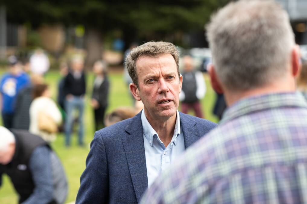 Federal member for Wannon Dan Tehan talks to community members about offshore windfarms. Picture by Anthony Brady