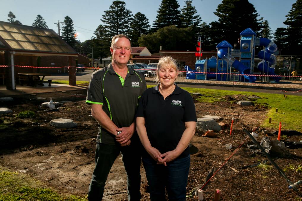 Big 4 Fig Tree Holiday Park managers Scott and Donna Hassan prepare for new cabins to go in after flooding at the site in January. Picture: Chris Doheny 