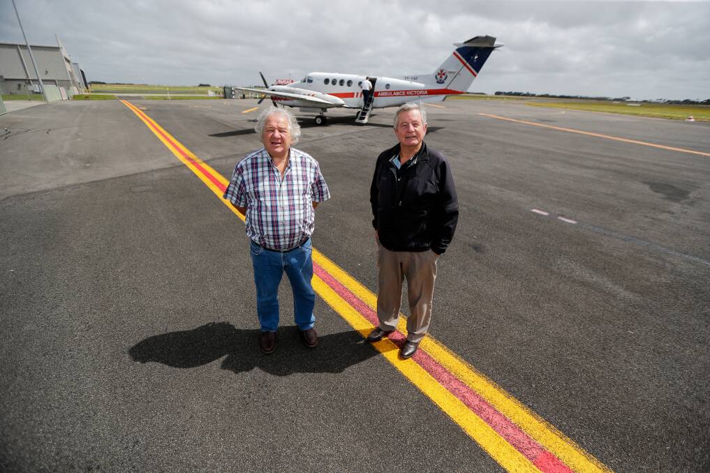 Concerned: Moyne councillor Jim Doukas and Stephen Lucas at Warrnambool's airport where the height of some turbines at a new windfarm are causing issues.