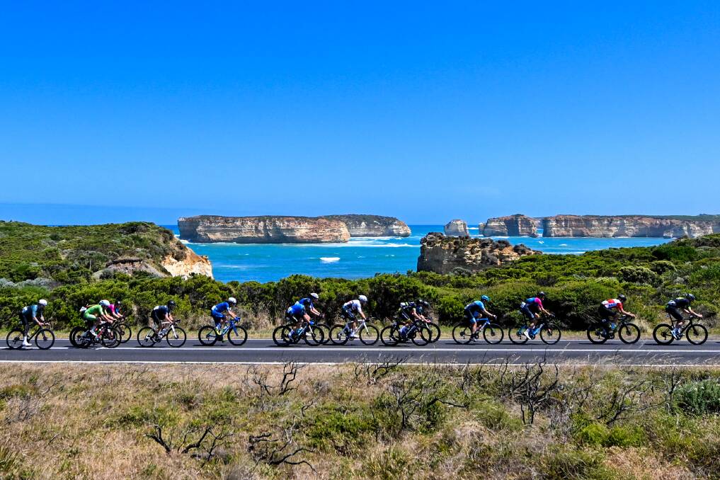 Scenic backdrop: Competitors ride past the Bay Of Islands on the Great Ocean Road. Could it be the location for the marathon? Picture: Morgan Hancock