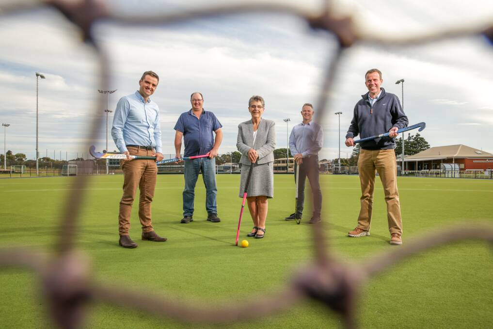 Fast-track: Andrew Skillern, Mark Bridge, Mayor Vicki Jellie, Paul Dillion and Dan Tehan at the hockey pitch with is set for an upgrade. Picture: Chris Doheny
