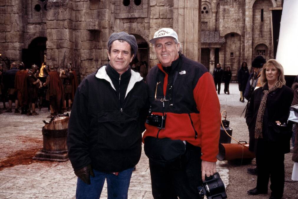 Ken Duncan on the film set of The Passion of the Christ with Mel Gibson who he has known since his school days.
