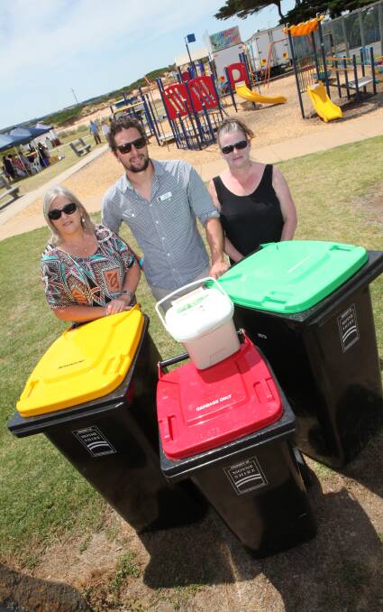 CAMPAIGN: Moyne Shire's Andrea Fitzgerald, Samuel Rudolph and Paula Tovey are encouraging residents to put food scraps in the organics bin.