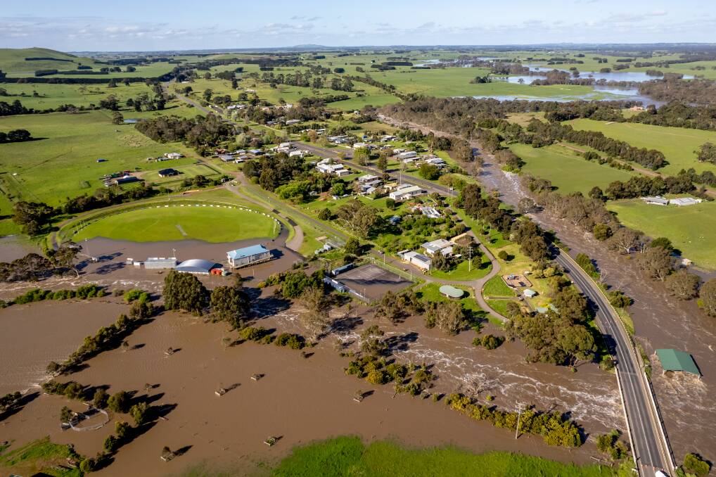 Panmure Recreation Reserve is inundated with flood waters from the bursting Mount Emu Creek on Sunday afternoon. Picture by Chris Doheny