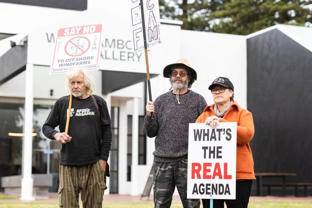 Kevin Cotter, Ross Clark and Heather Clark at the No Off Shore Turbines rally in Warrnambool. Picture by Anthony Brady 