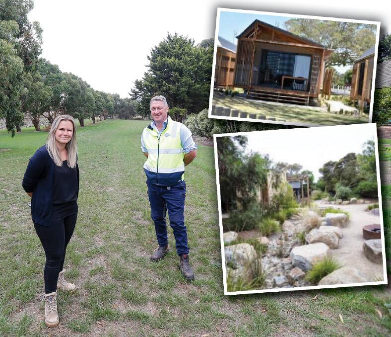 Midfield's Malerie Janes and Matt Fisher at the site of a proposed village which will feature cabins and native landscape. Picture: Anthony Brady 