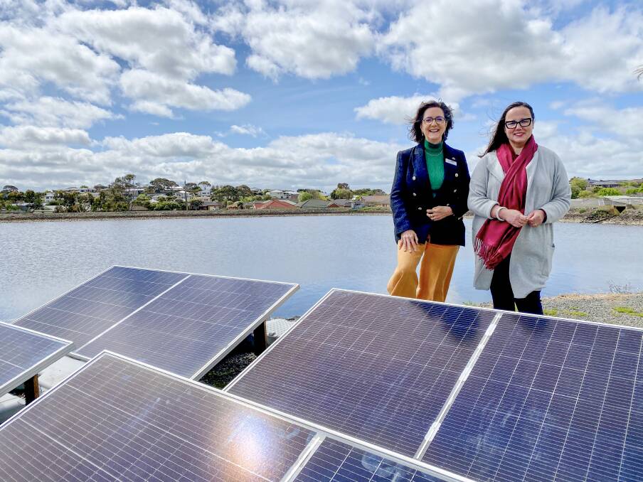 Wannon Water board chair Jacinta Emercora and Minister for Water Harriet Shing at the new $1.4 million floating solar array. 