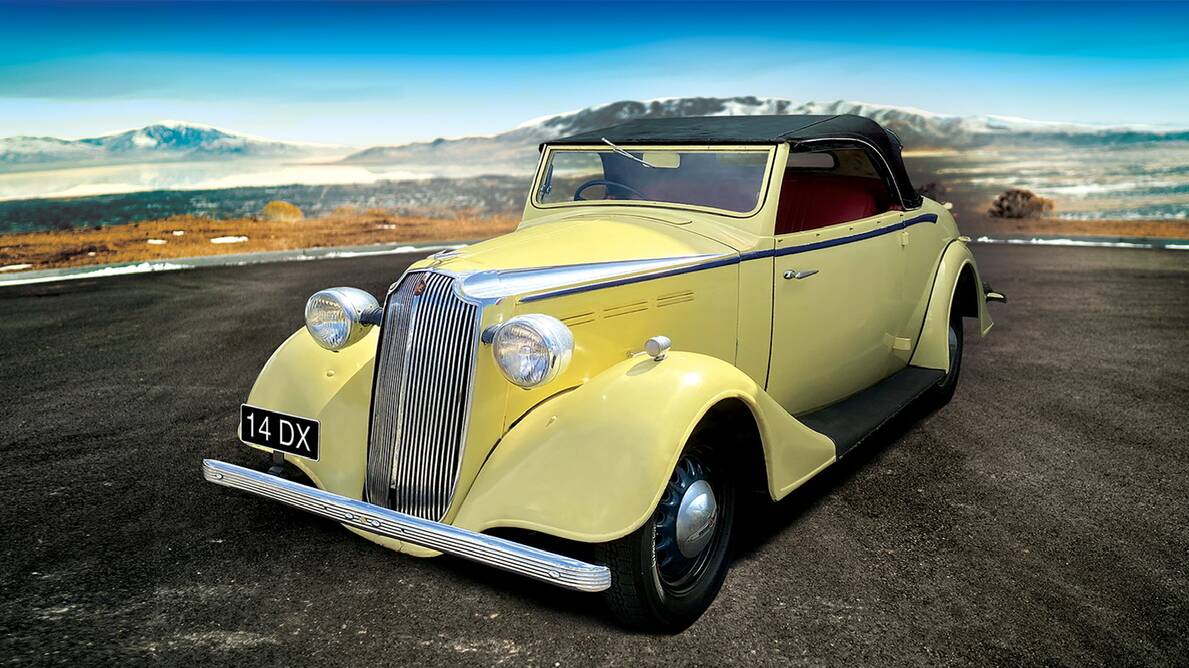 The 1937 six-cylinder DX convertible is a two-seater Vauxhall with a dickey seat in the rear.