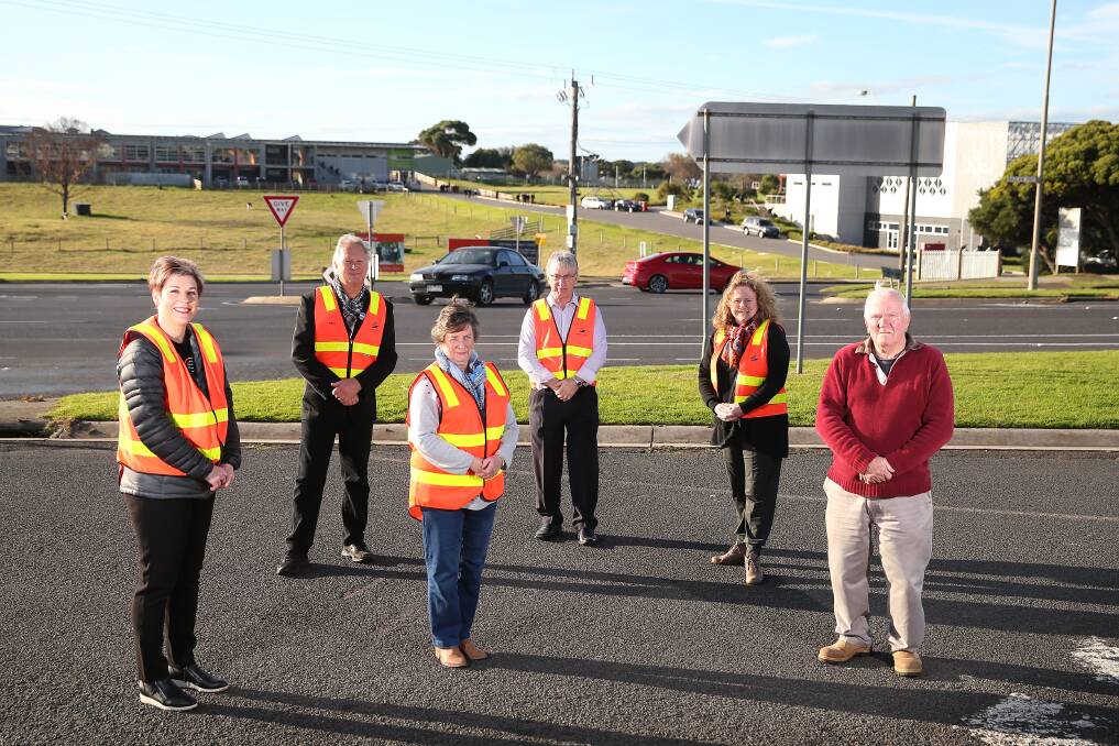 Fix it: Cr Sue Cassidy, Glenda Grayson, Cr David Owen, Cr Robert Anderson, Cr Kylie Gaston and Jim Grayson at the Fitzroy and Botanic road intersection. Picture: Mark Witte