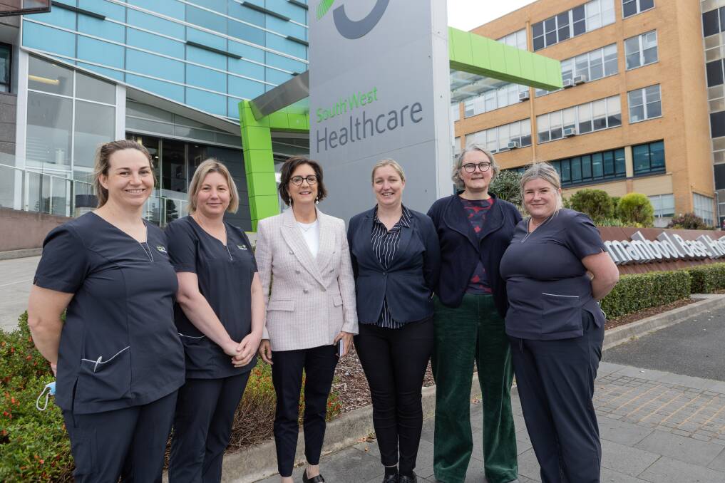 Warrnambool hospital staff Emma Couch, Mia Wolff, Kate Turner, Rosy Buchanan and Louise Davis with Labor MP Jacinta Ermacora (third from left) at South West Healthcare which will get a new PET scanner. Picture by Anthony Brady