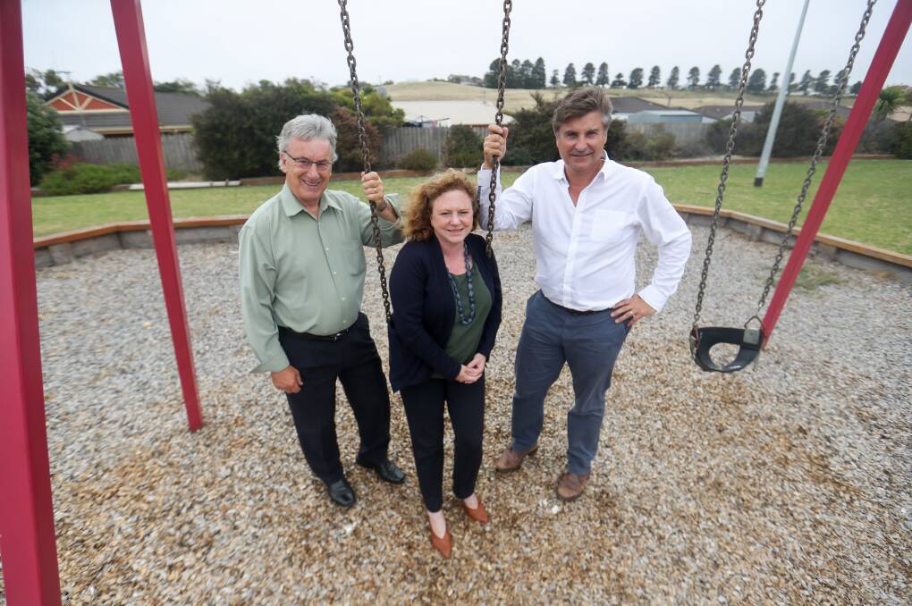 Upgrade: Crs Robert Anderson, Kylie Gaston and mayor Tony Herbert at the Mahogany Gardens playground that will undergo a $60,000 makeover. Picture: Morgan Hancock